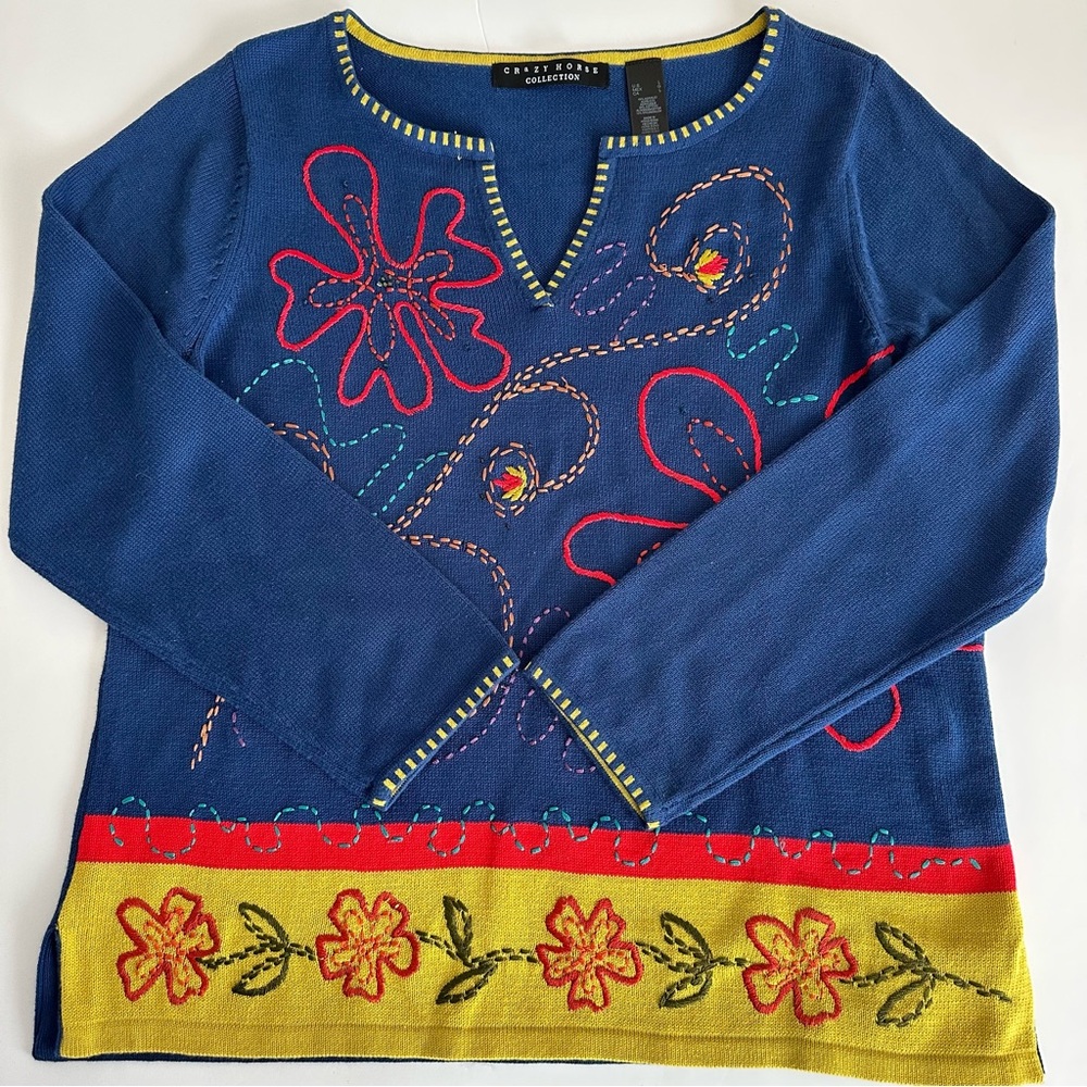 Crazy Horse Liz Claiborne Multicolor Floral Embroidered Sweater Womens Large - Picture 5 of 6